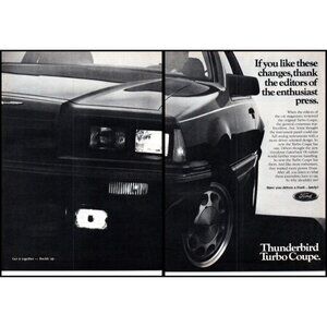 1985 Ford Thunderbird Turbo Coupe 2 page Vintage Print Ad Headlights Wall Art
